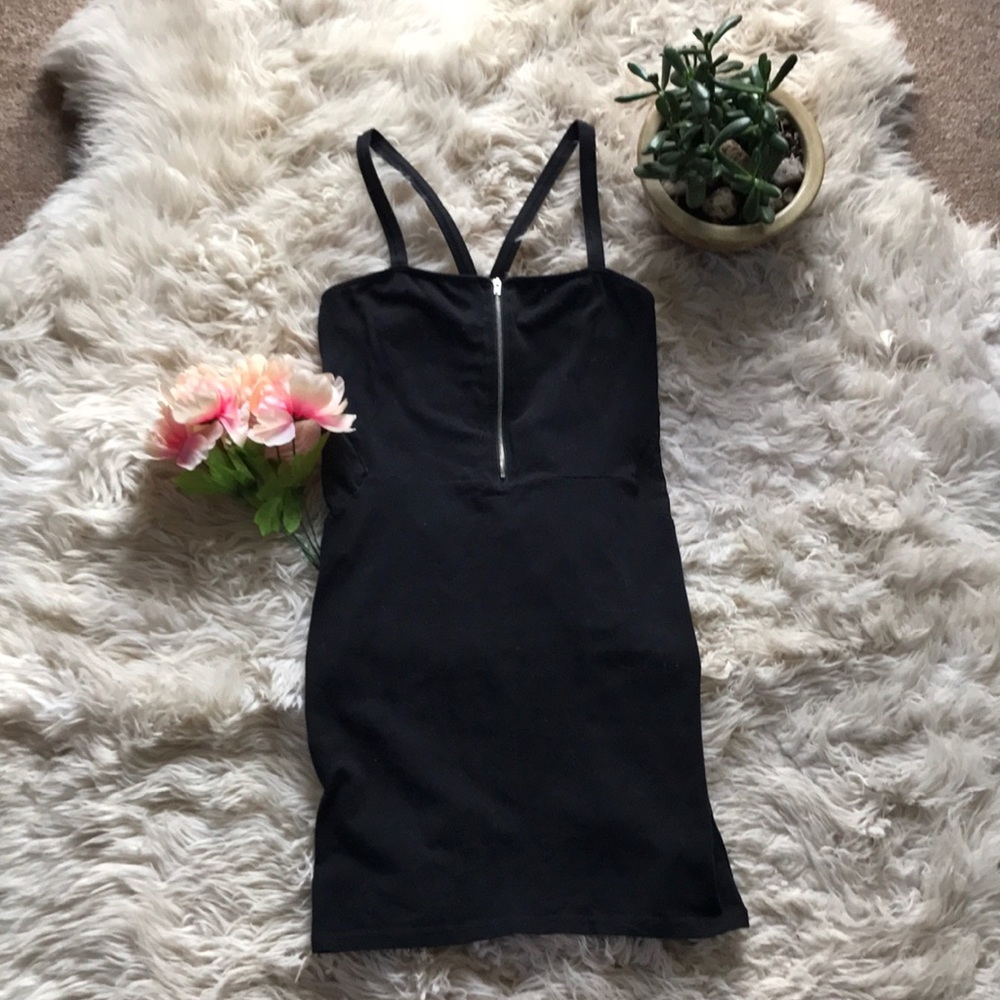 Zipper front, side diamond cutout black mini dress